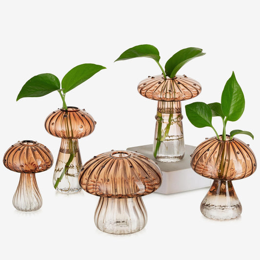 Glasseam Mushroom Plant Propagation Stations: Amber Glass Terrarium Jar Set of 5 Cute Planters for Indoor Plants Mini Propagate Station Unique Christmas Birthday Gifts for Women Home Office Decor
