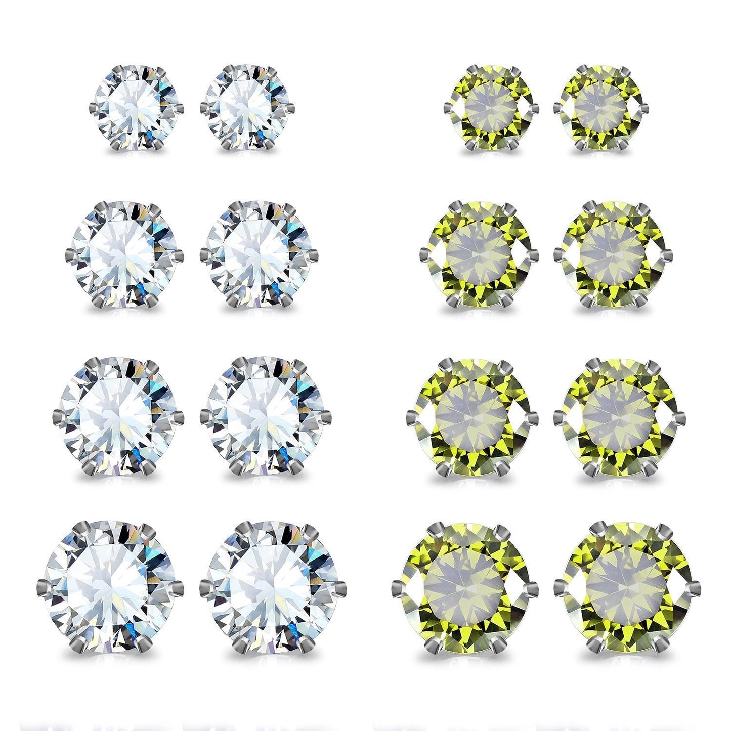 JewelrieShop Earrings for Women Studs Set Stainless Steel CZ Earing Hypoallergenic Multiple Piercing Ear Stud (8 pairs,4-8mm,White,Green CZ)