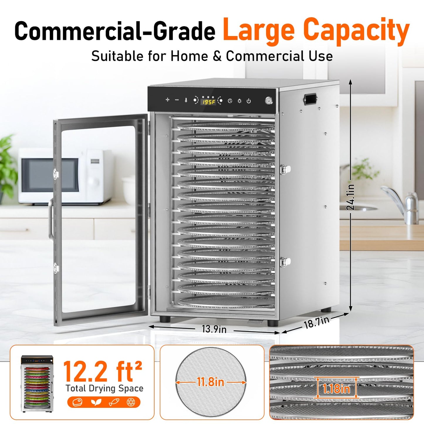Prenafla Commercial 360° Rotating Food Dehydrator 16 Trays, 12.2ft² Large Capacity Food Dryer Machine for Jerky, 1600W Food Dryer with 194°F Temp & 24H Time Control for Herbs, Fruit, Meat, Yogurt