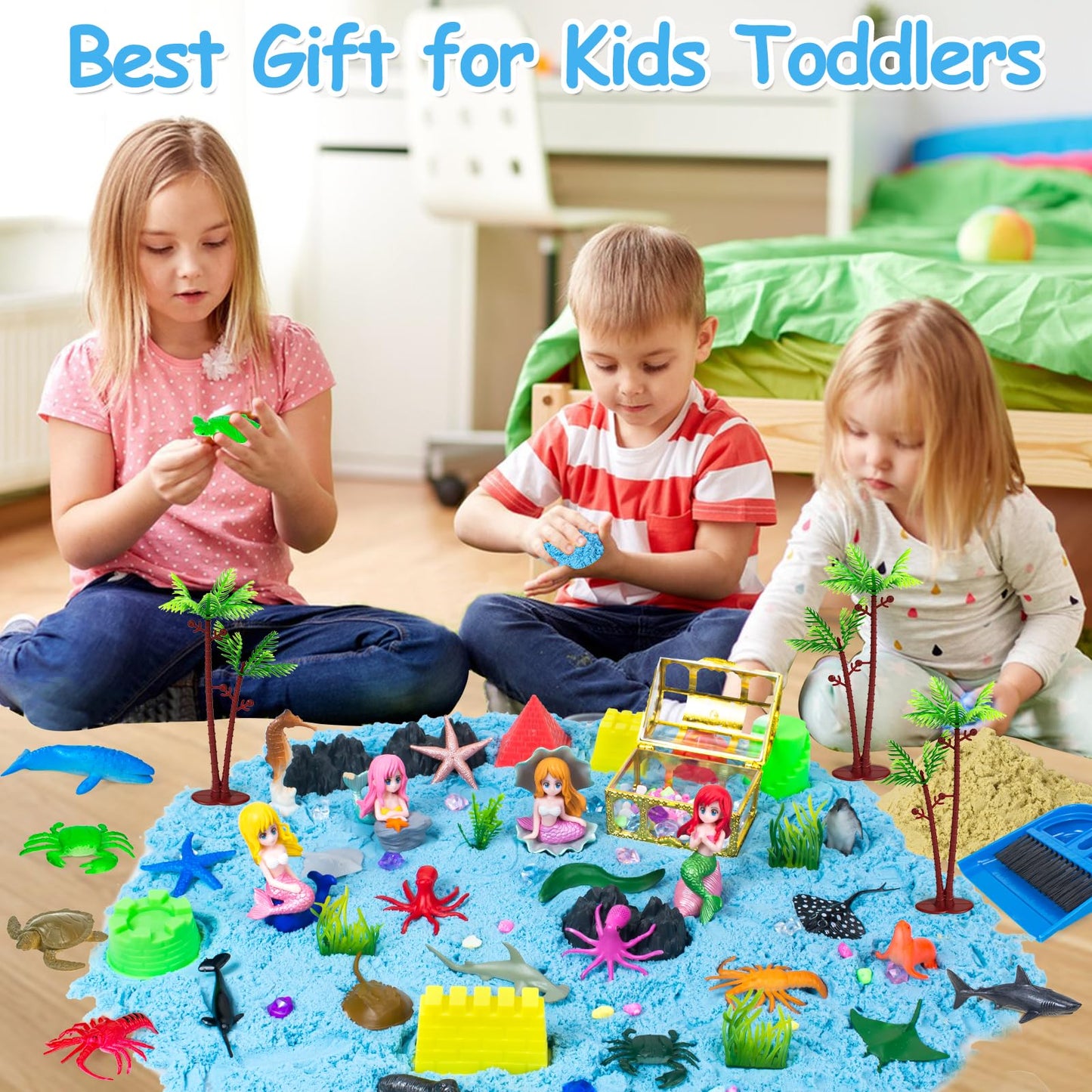 Bloolilies Sensory Bin, 57Pcs Ocean Mermaid Sensory Bins for Toddlers Sand Art Kit Sea Animals Molds Sandbox with Cover, Kids Play Sand Toys Playsand Birthday Gift for Boys Girls 3-5 6 7 8