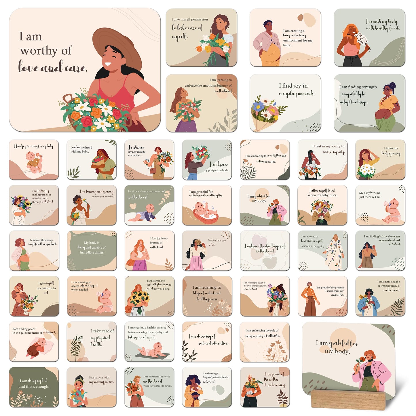 45 PCS New Mom Affirmation Cards for Postpartum - Mothers Day Gifts - New Mom Essentials Gifts with Empowering Messages - Postpartum Affirmation Cards with Wooden Stand & Metal Box for Mothers Day