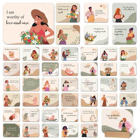 45 PCS New Mom Affirmation Cards for Postpartum - Mothers Day Gifts - New Mom Essentials Gifts with Empowering Messages - Postpartum Affirmation Cards with Wooden Stand & Metal Box for Mothers Day