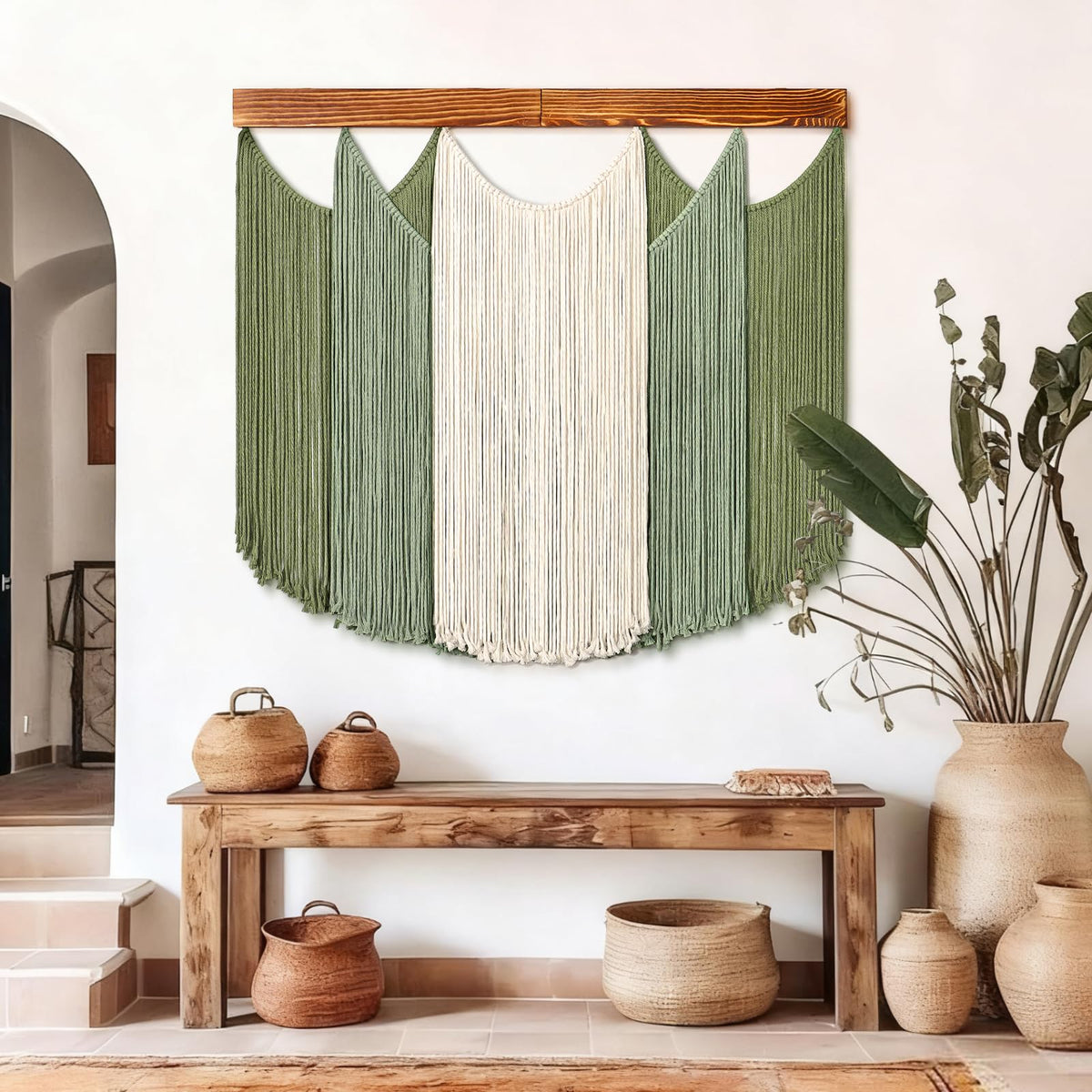 Dremisland Macrame Wall Hanging Dip-Dyed Large Boho Wall Decor Yarn Tapestry Handmade Sage Green Woven Tapestry Wall Art Decorations for Bedroom Living Room Nursery Apartment 31.5"x29.5"