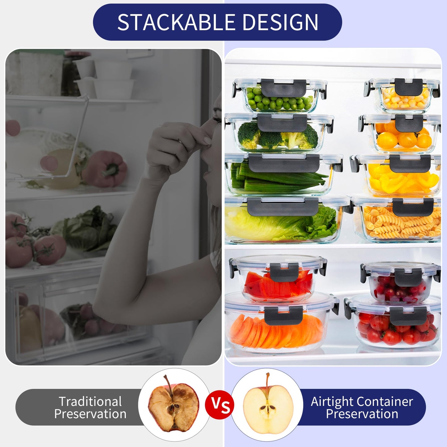 MFY 5-Pack 36 OZ Glass Storage Containers with Lids, Glass Meal Prep Containers Set, Airtight Lunch Containers with Lids, Microwave, Oven, Freezer and Dishwasher Safe, Gray