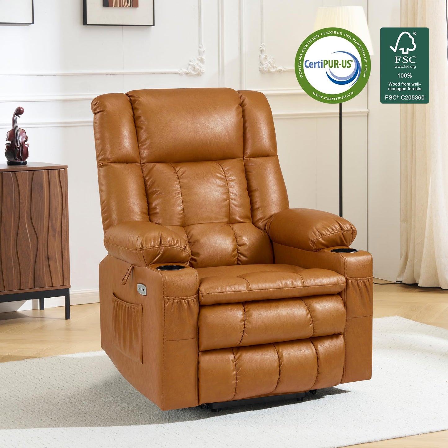 MCombo Dual Motor Large Power Lift Recliner Chair for Elderly, Lay Flat Lift Chair with Heat and Massage, Big Lift Recliner for Tall People, Faux Leather 7896 (Tawny, Large)