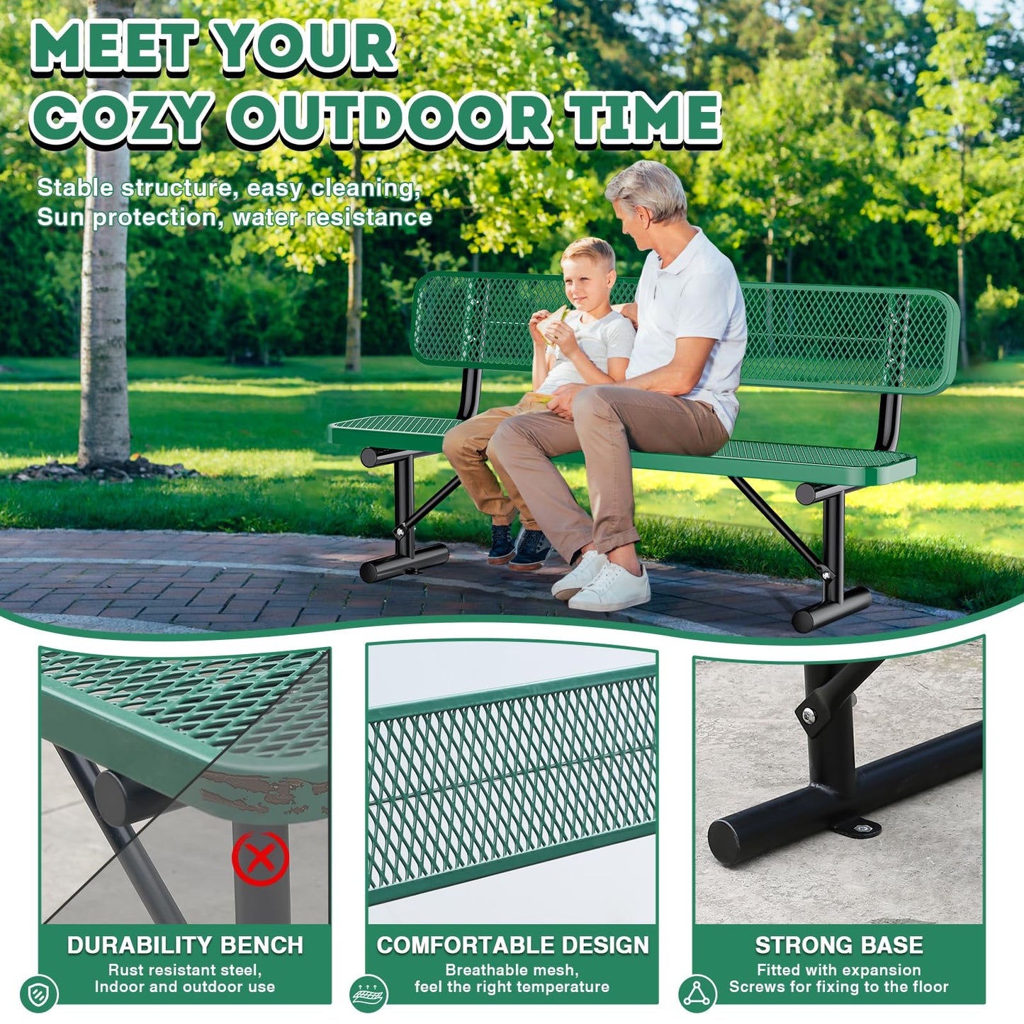 Gaonala 6Ft Heavy Duty Park Bench with Back Portable Frame, Outdoor Steel Bench with Backrest, Expanded Metal Mesh Bench for Lawn, Park, Deck, Garden, Patio, Porch, Green