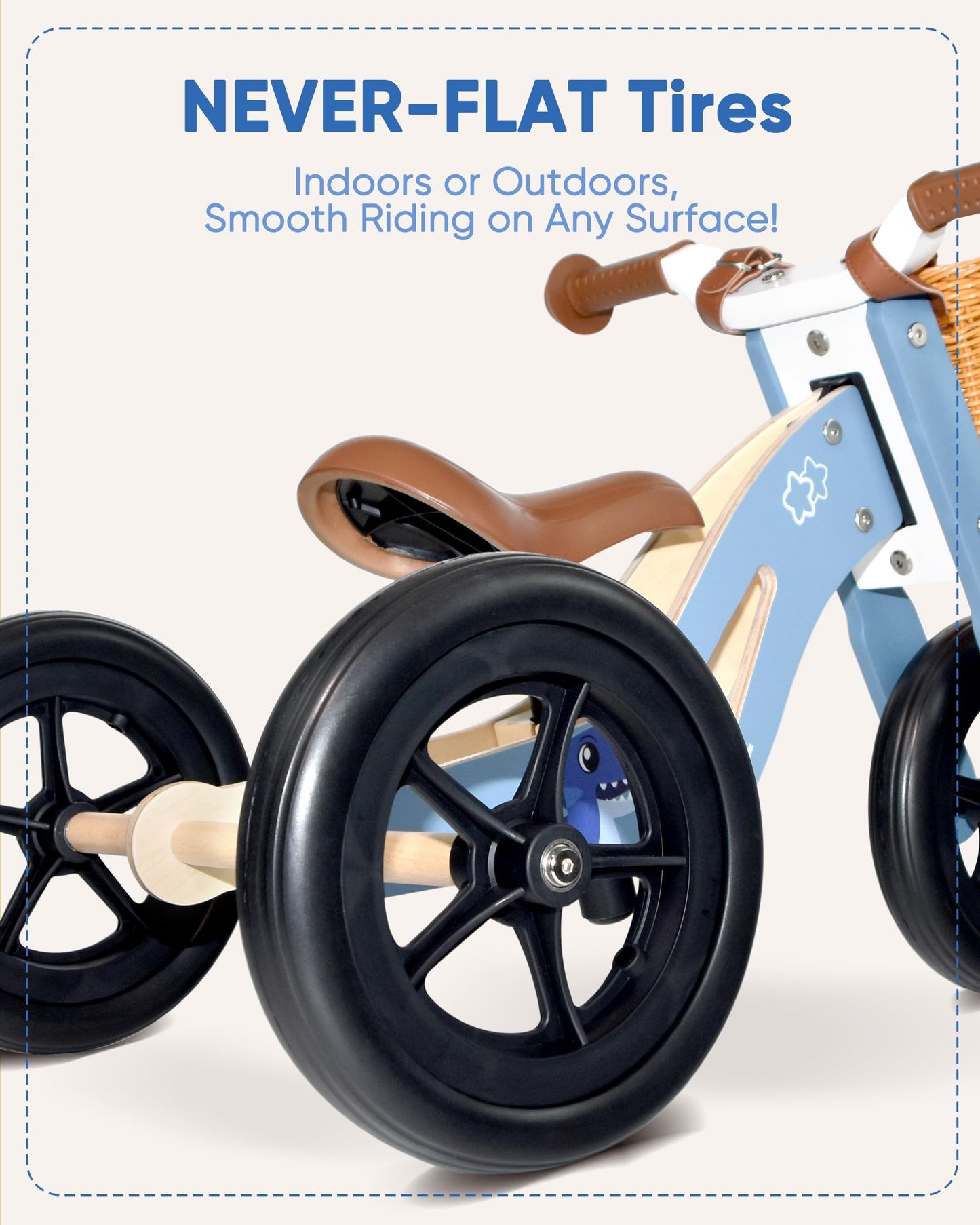 KRIDDO 2 in 1 Wooden Kids Tricycle and Balance Bike with Pattern for 1-4 Years Old, No-Pedal Tricycle and Toddler Balance Bike with Basket and Adjustable Seat, Ideal for Outdoor and Indoor, Blue