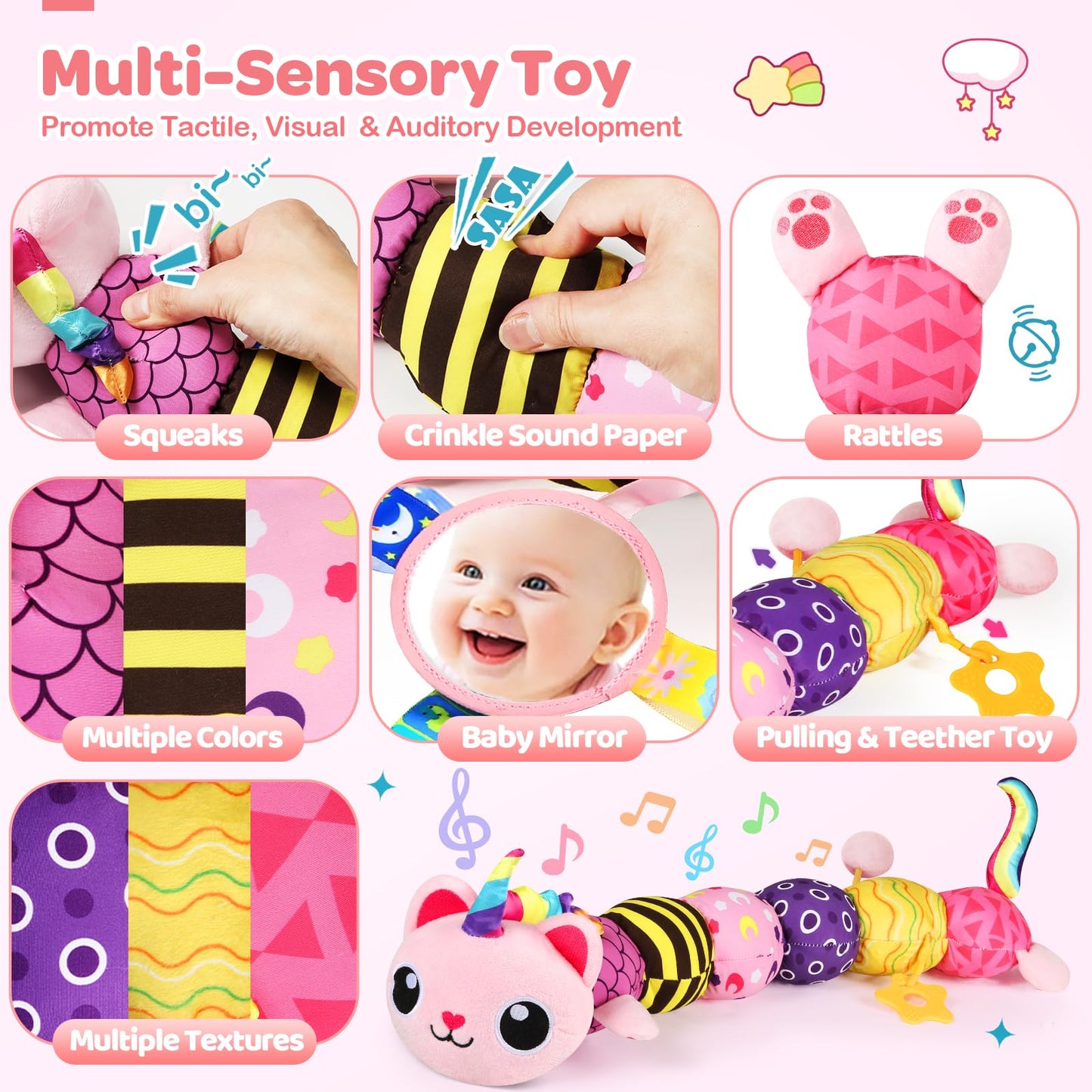 Baby Toys 0-6 6-12 Months, Sensory Musical Animal Stuffed Plush Unicorn Cat Toy for Infant 0-3-6 Months & Up, Tummy Time with Mirror Crinkle Rattle, Christmas Baby Shower Gifts for Newborn Boys Girls