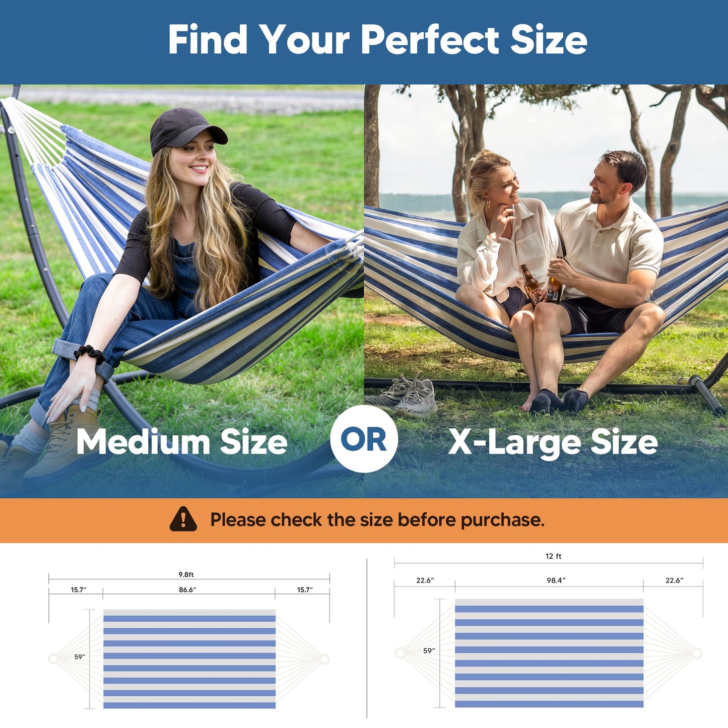 SUNCREAT Large Hammocks for Outside, Long Replacement Hammock Two Person for Stand, Blue White Stripes