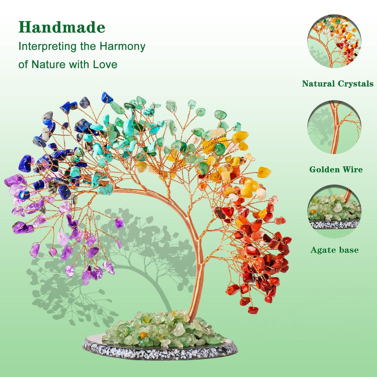 Runyangshi Natural Crystal Seven Chakras Agate Slice Tree of Life Natural Crystal Healing Stones Gemstone Trees Fengshui Good Luck Positive Energy Home Decor