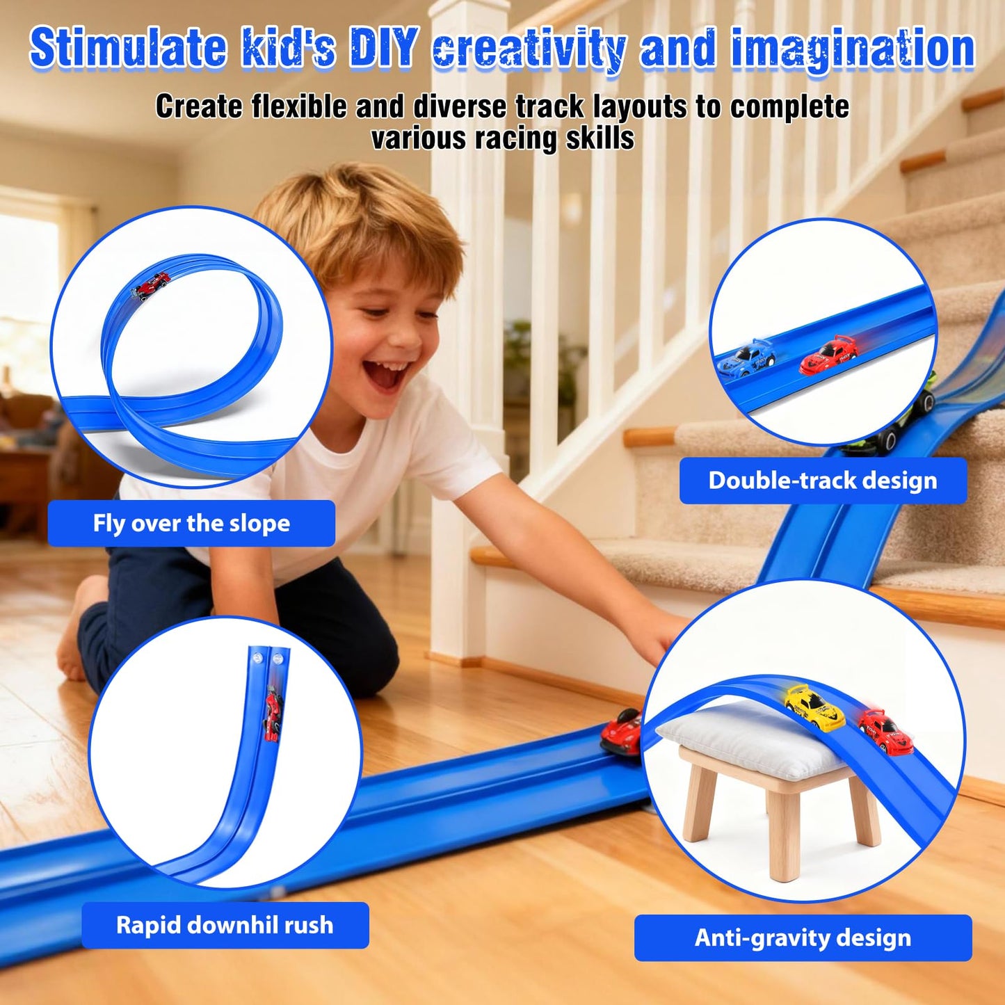20 Ft Flexible Race Track Toys, Flex Race Car Ramp Track with 4 Race Cars & Suction Cups Rolls Up Portable DIY Race Track Anti Gravity Car Track Set,Kids Racecar Track Toy(Blue)