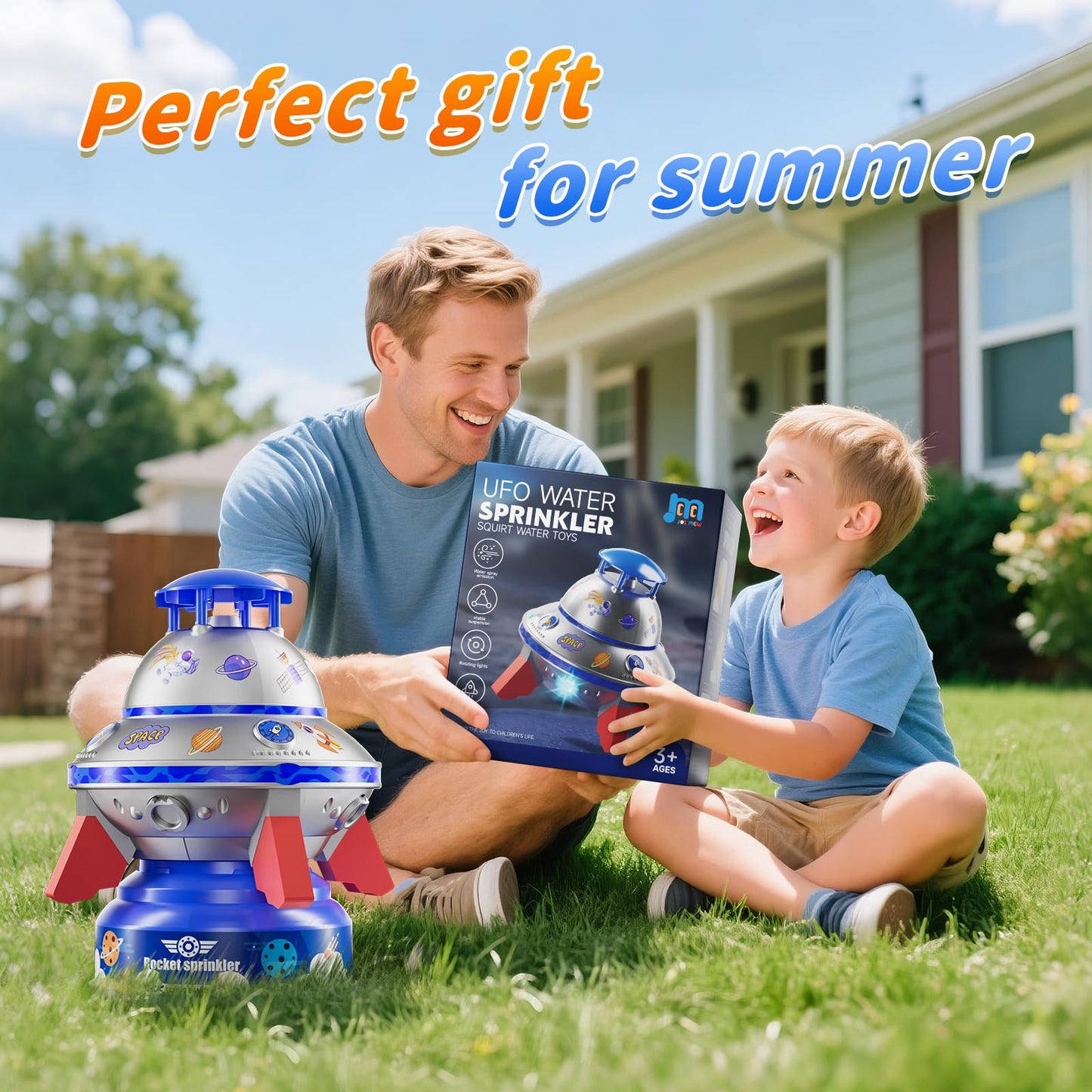 JOI MEW UFO Water Sprinkler for Kids, Water Rocket Toy Outdoor Summer Play W/Light & Spin, Adjustable Height Water Launcher, DIY Space Sticker, Backyard Lawn Gift for Girls Boys 3-12 Year Old Blue