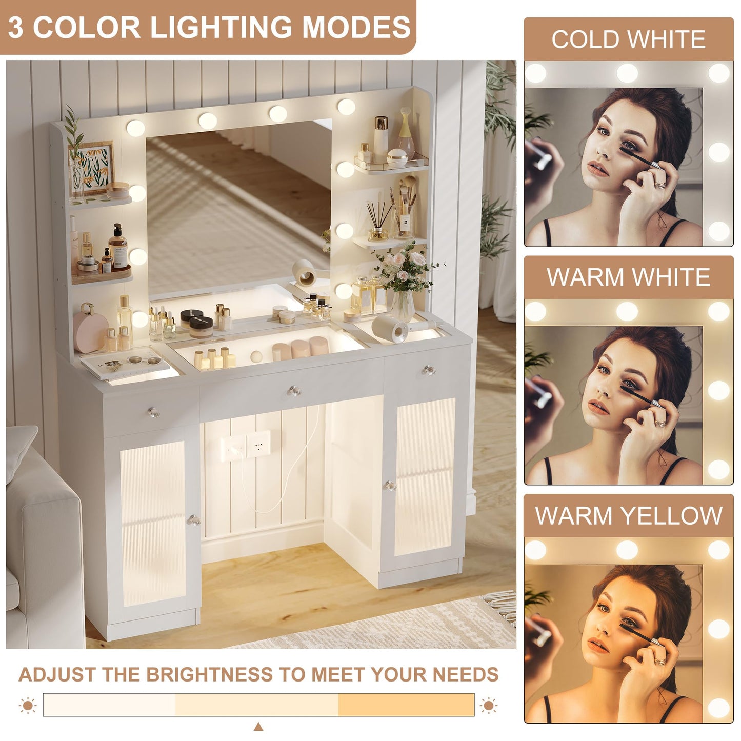IFSEB Makeup Vanity with Glass Top, White Vanity Desk with Mirror and Lights, Big Vanity with Drawers & Cabinets for Bedroom, Cute Vanity with Crystal Knobs & Power Outlet for Women