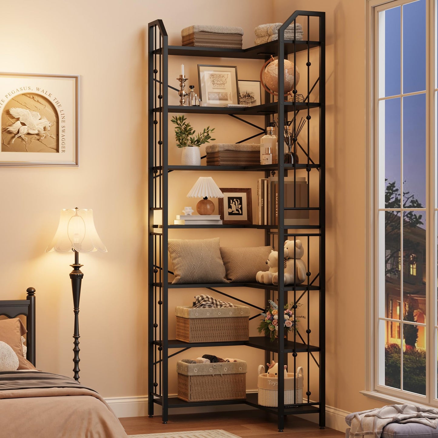 GarveeHome Corner Bookshelf 86" l Shaped Bookcase, Corner Bookshelves Black Bookcase 7 Tier l-Shape Bookshelf, Large Bookcases with Beaded Design Tall Display Rack Shelf for Living Room Bedroom