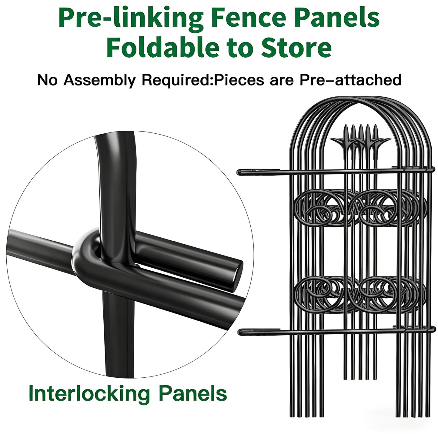 AMAGABELI 8 Panels 32in(H)×10ft(L) Decorative Garden Fence No Dig Rustproof Metal Pre-Linking Fence Panels Garden Edging Border Animal Barrier Fencing for Flower Beds Yard Patio Outdoor Decor Black