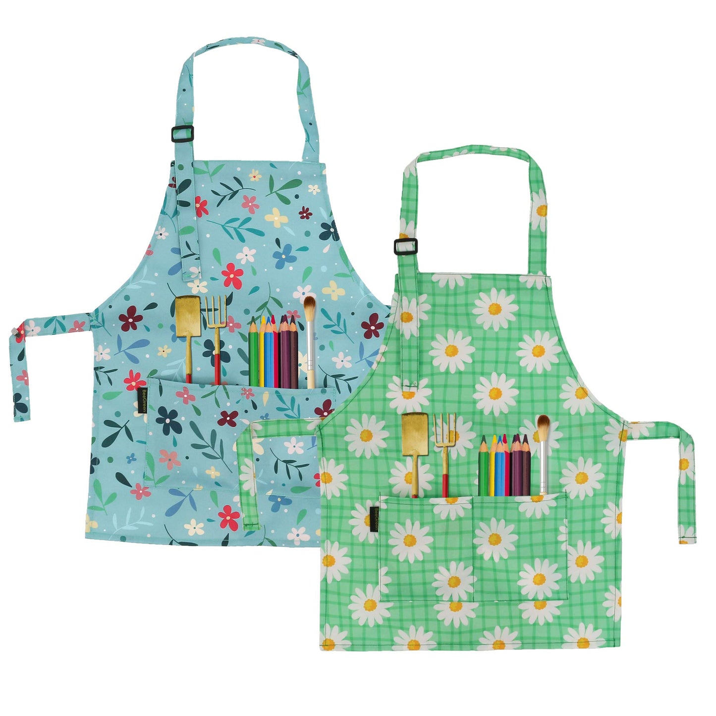 BeeGreen Kids Apron 2 Pack Cooking Aprons with Adjustable Strap Kids Kitchen Aprons with Front Pocket for Girls Toddler Painting Baking Artist Washable Lightweight (Green Daisy Flower+ Blue Flower)