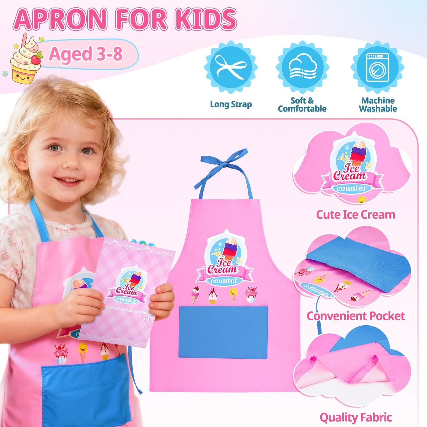 Ice Cream Toy, Wooden Ice Cream Play Set with Aprons, Fake Money, Scoop, Menu, Ice Cream Toys Pretend Play Toys for Girls Boys, Wooden Play Food Set Toy Kitchen Gifts for 3 4 5 6 Year Old Toddlers