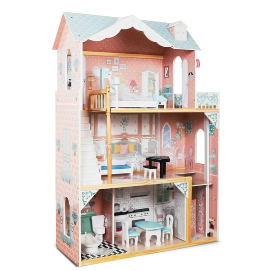 Lil' Jumbl Kids Wooden Dollhouse with Elevator, Balcony & Stairs, Accessories & Furniture Included, 3 Story Easy to Assemble Blue Dollhouse Toy - X-Large