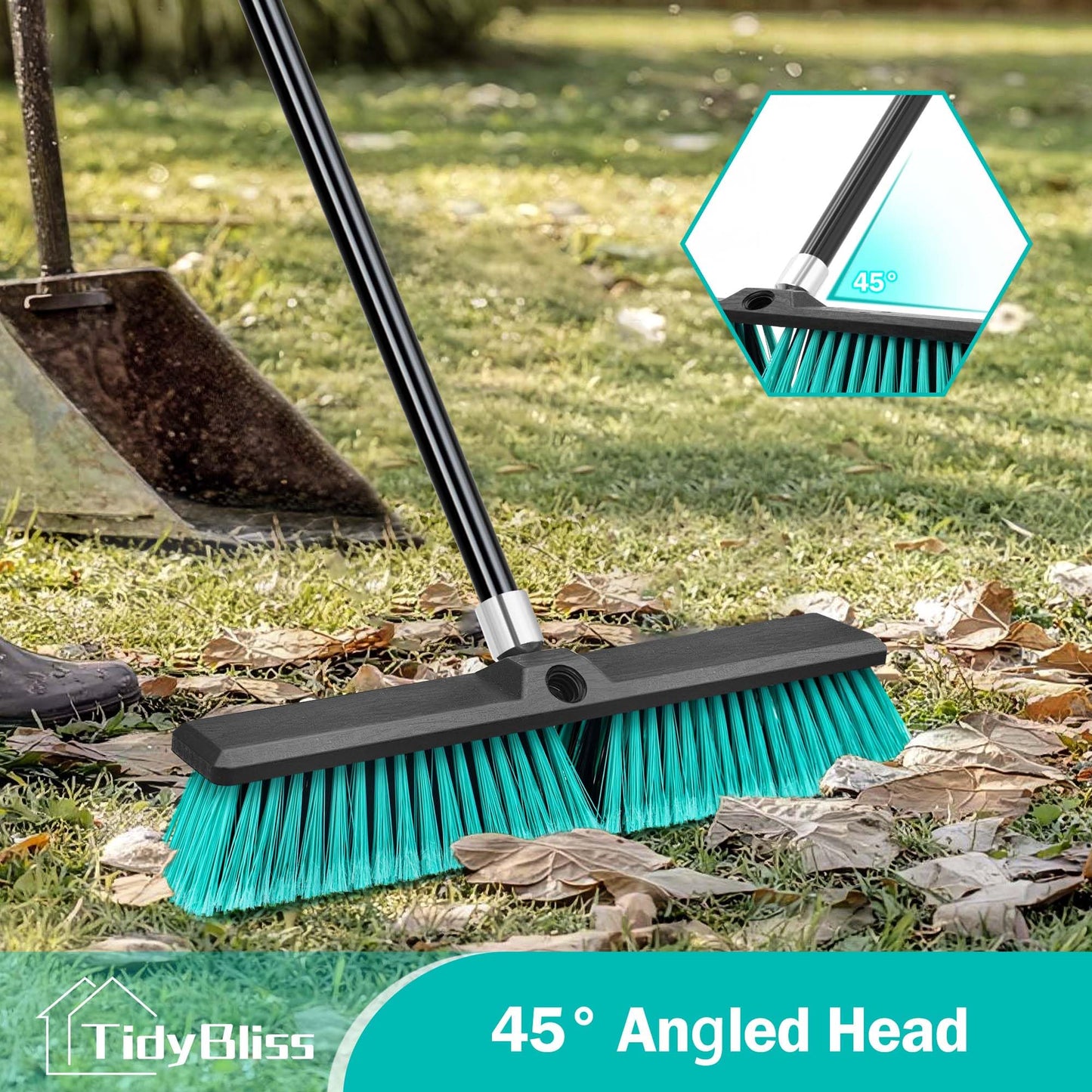 TidyBliss 18” Push Broom Outdoor Heavy Duty 3 Pack, Large Commercial Stiff Bristle Brush with 63 inches Long Handle for Garage Shop Garden Yard Patio Deck Street Warehouse Lawn Driveway (Green)