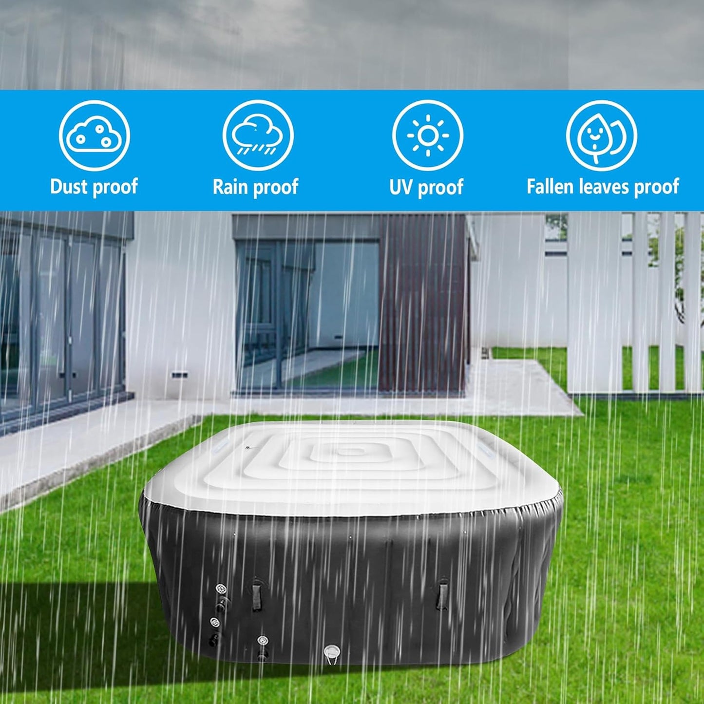 Tlswshsy 5.3 Ft Inflatable Hot Tub Cover- Energy Saving Lid for Square Hot Tub- Foldable Protective Rain Overflow Cover for Outdoor Inflatable Hot Tubs
