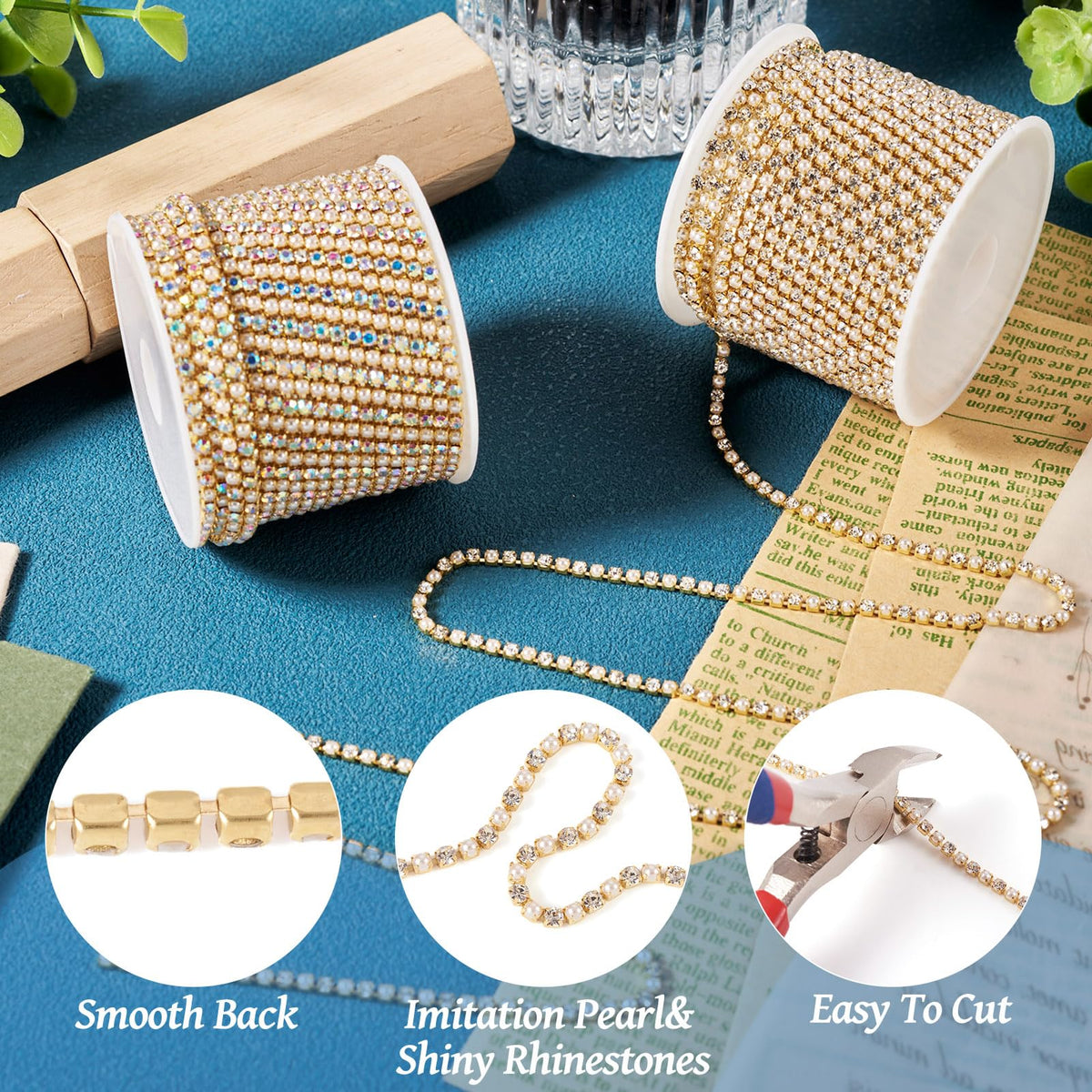 Fashewelry 10 Yards Pearl Rhinestone Chain Trim 2mm Golden Rhinestone Close Chain Tiny Rhinestones Banding for Sewing Crafts Shoes Clothes Nail Art Jewelry Making