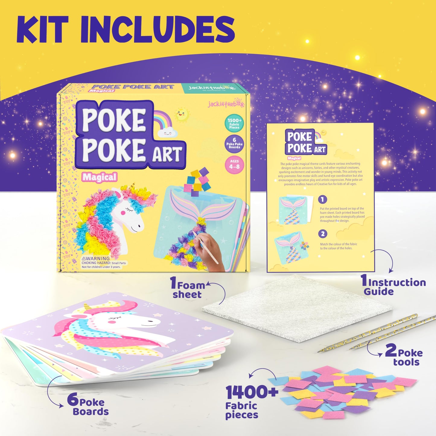 jackinthebox Poke Poke Art – Magical Theme, Mess-Free Fabric Art and Craft, Flower Pressing Kits, Gift for Kids, Girl Gifts, DIY Activity Boy Gift, Best Gift for Girls and Boys Ages 4 5 6 7 8