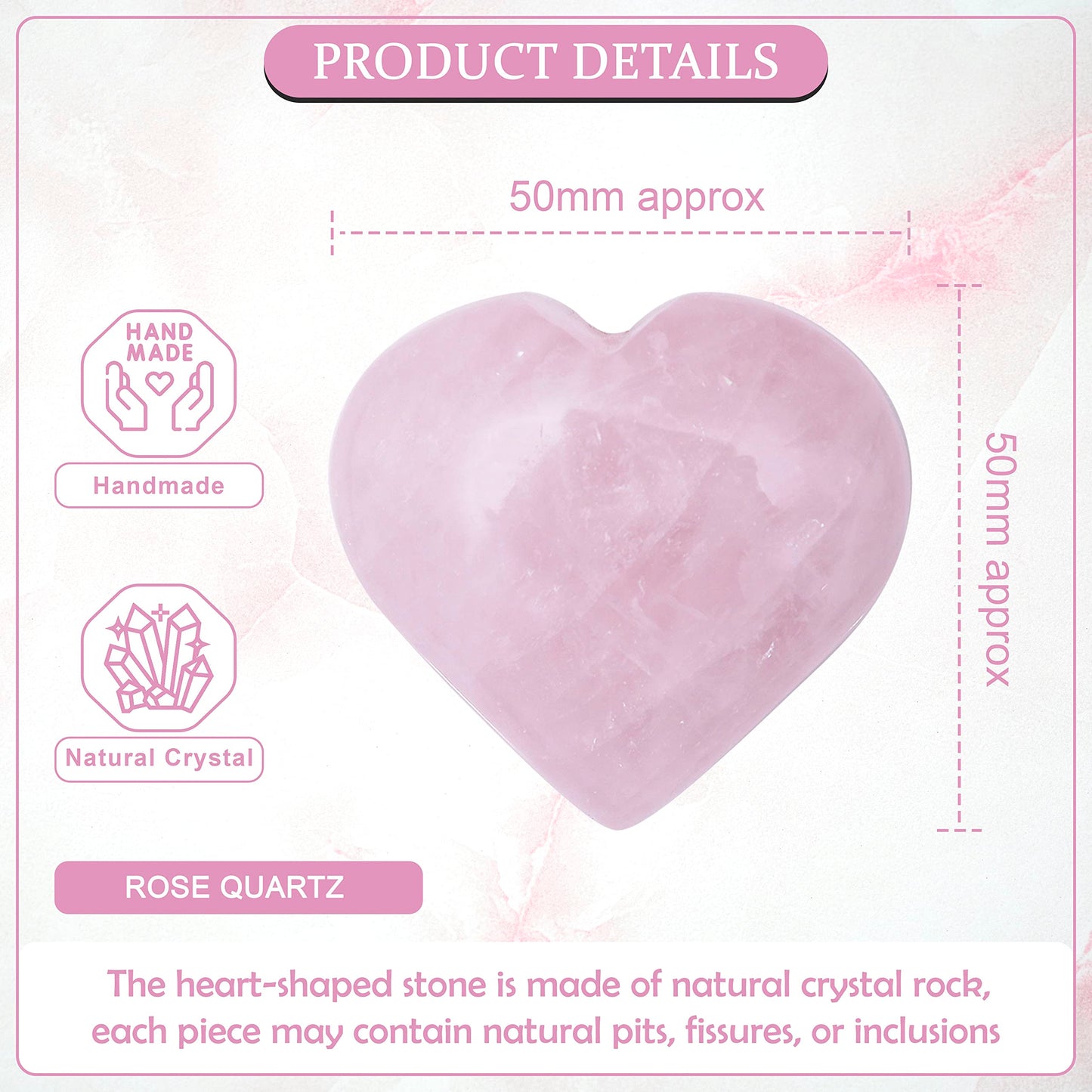 Crocon® 50mm Rose quartz Heart stone Big Heart Shape gemstone Puff Stones Set 450 + Carats Pocket Crystal Healing Tumble Collection Palm Worry Stone Good Luck Meditation Gift Craft Home Decor