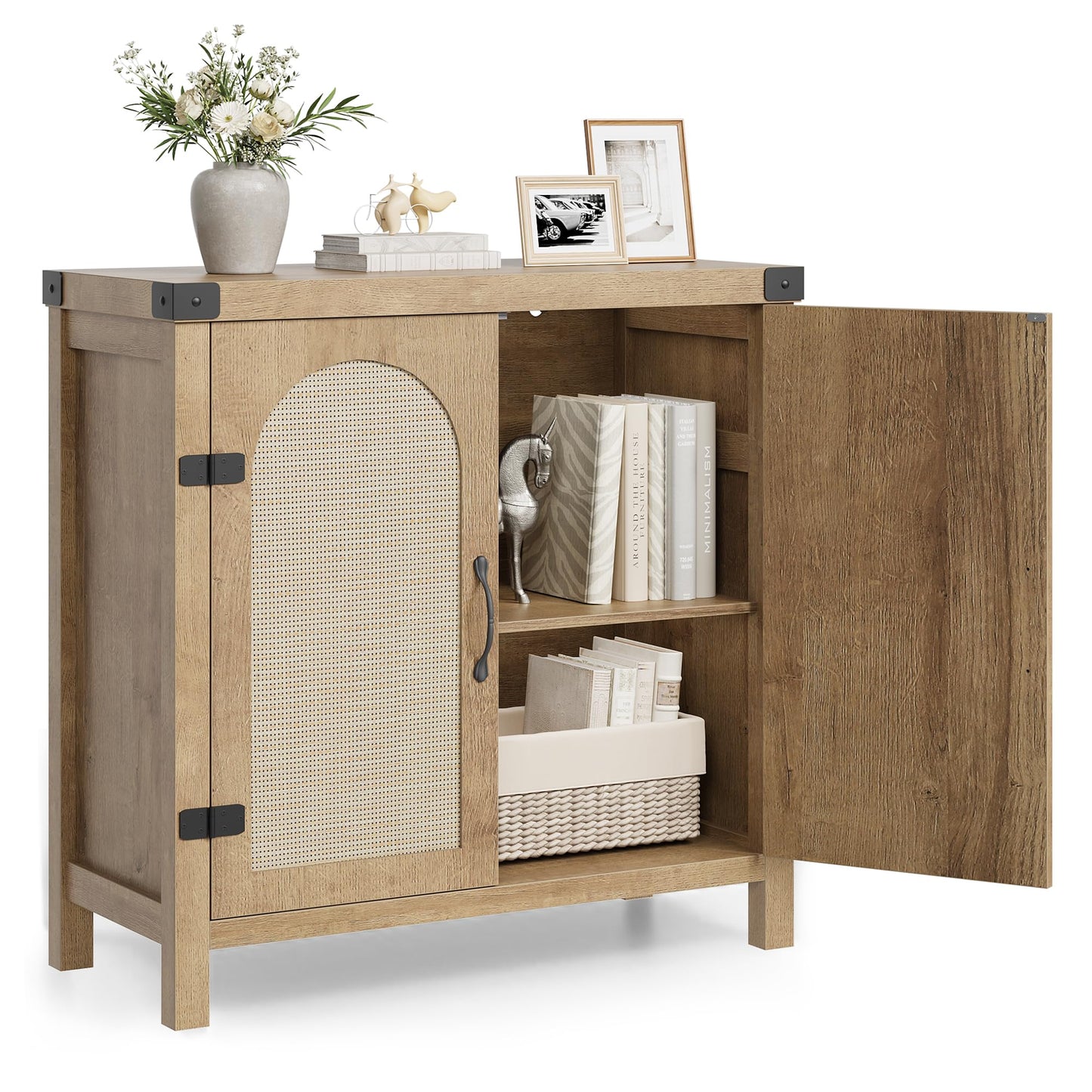 GarveeHome Rattan Sideboard Buffet Cabinets with Storage, Farmhouse Kitchen Accent Storage Cabinet, Boho Wooden Coffee Bar Cabinet for Dining Room, Living Room, Hallway, Natural
