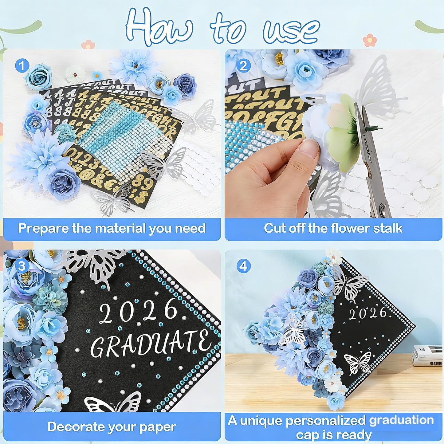 69 Pcs Graduation Cap Decorations Kits, Grad Cap Topper Decorations Included Faux Flowers 3D Butterfly Bow Rhinestones Alphabet Letter Stickers for Graduation Cap Topper DIY Craft Art Decor (Blue)