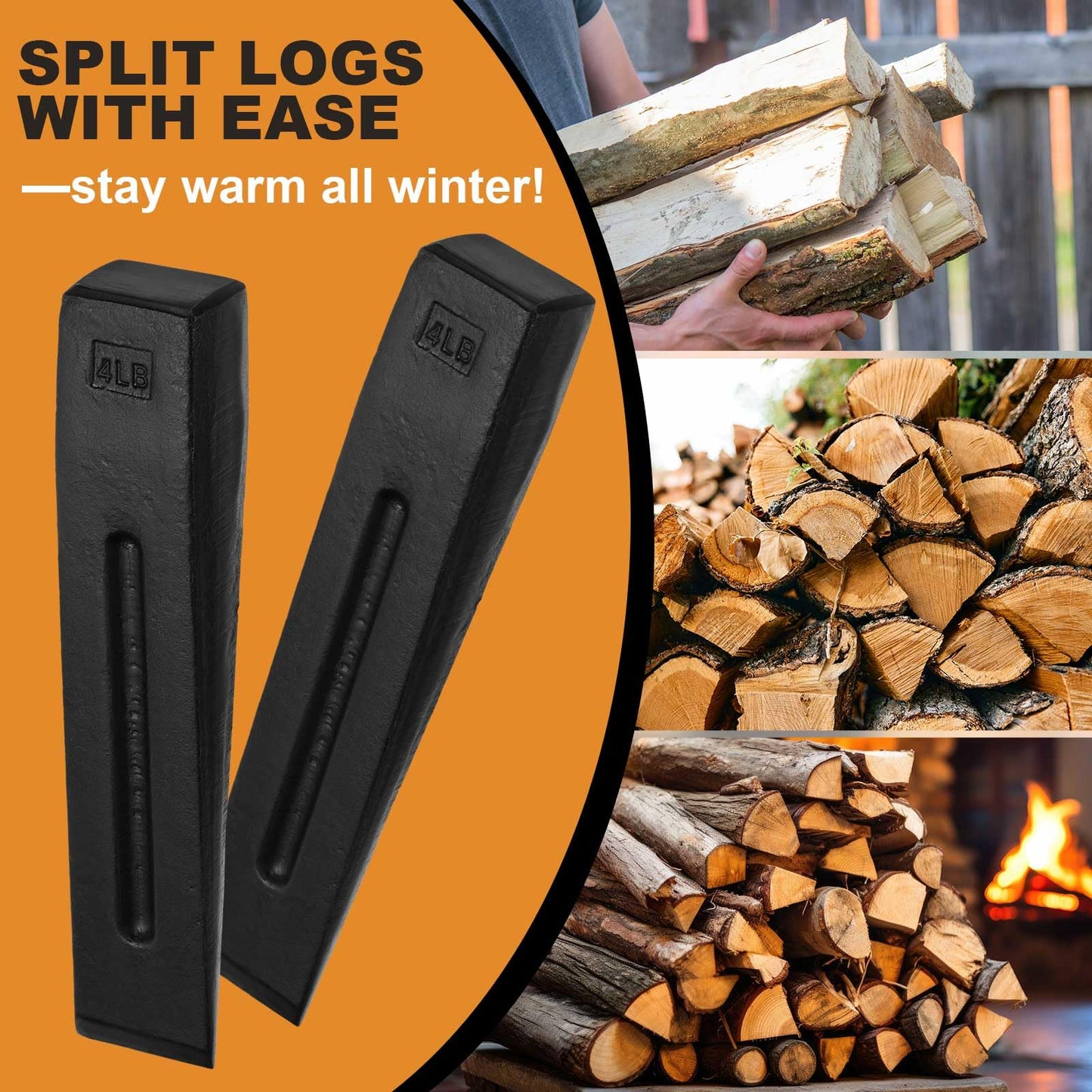 Otoolling 2 Pcs Manual Log Splitter Wedge Wood Splitting Wedges for Firewood 2 Way Black Design Forged Steel Tool for Easy Wood Splitting Sharpened Edge for Outdoor Logging Chopping (4 Lbs)