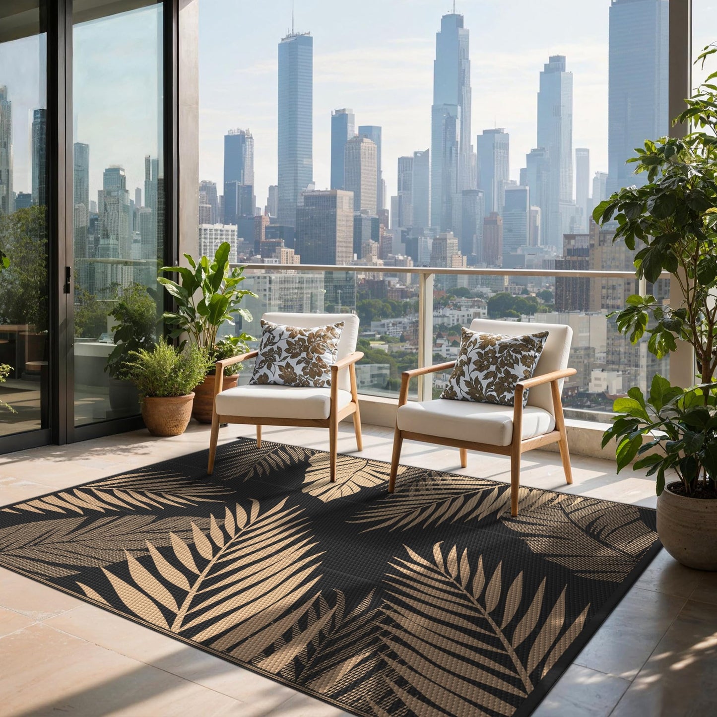 sarben Outdoor Rug 4’x6’ Waterproof for Patio Clearance, Reversible Indoor Outdoor Plastic Straw Camping Rug Carpet, RV Mat, Large Area Rug for Deck, Backyard, Balcony, Porch, Beach, Black & Brown