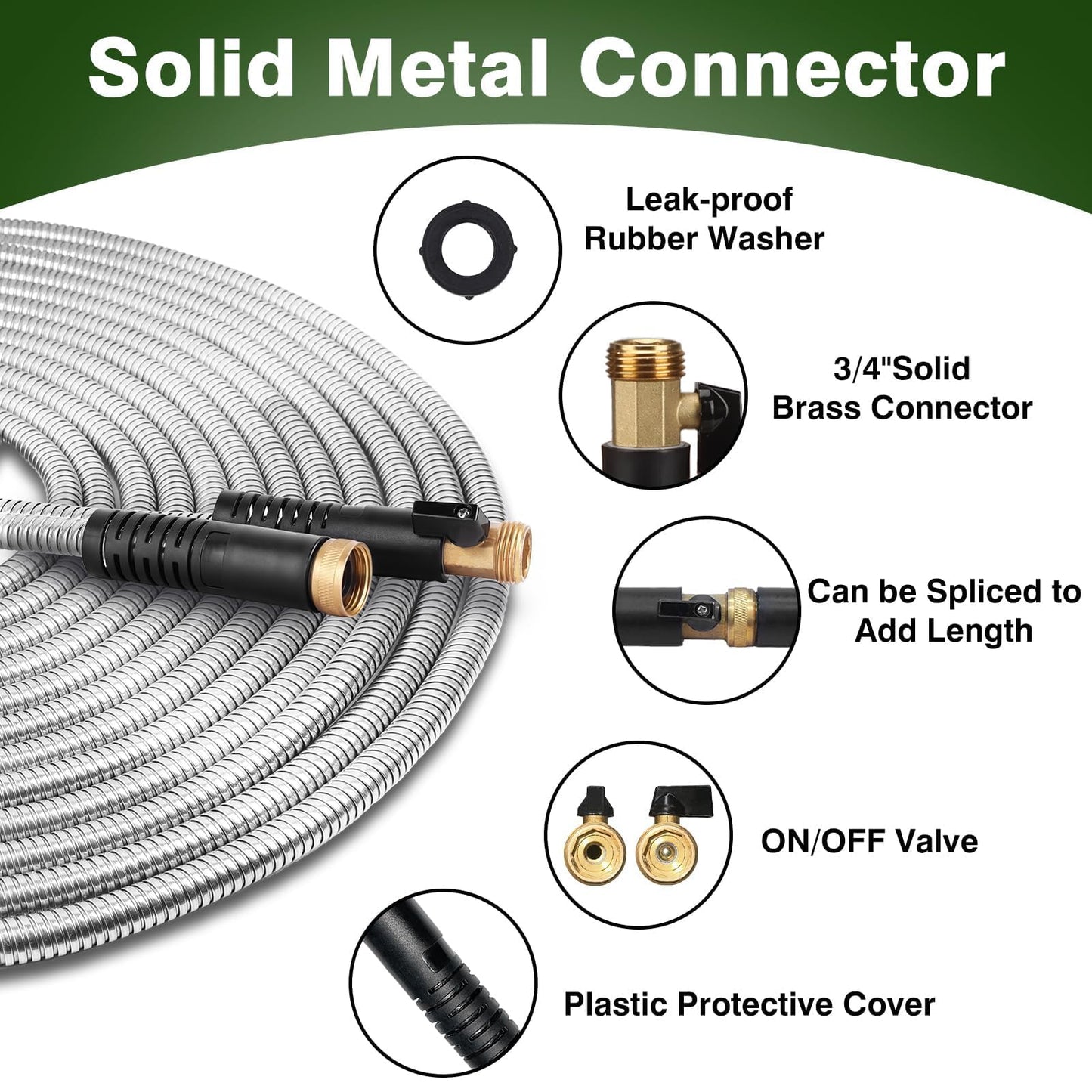 WHOBUY 75FT Metal Garden Hose 304 Stainless Steel Flexible Water Hose - No Kink & Tangle Heavy Duty Pipe with Nozzle, Durable 3/4 Brass Fittings and Valve - Rust Proof Puncture Proof for Yard Lawn