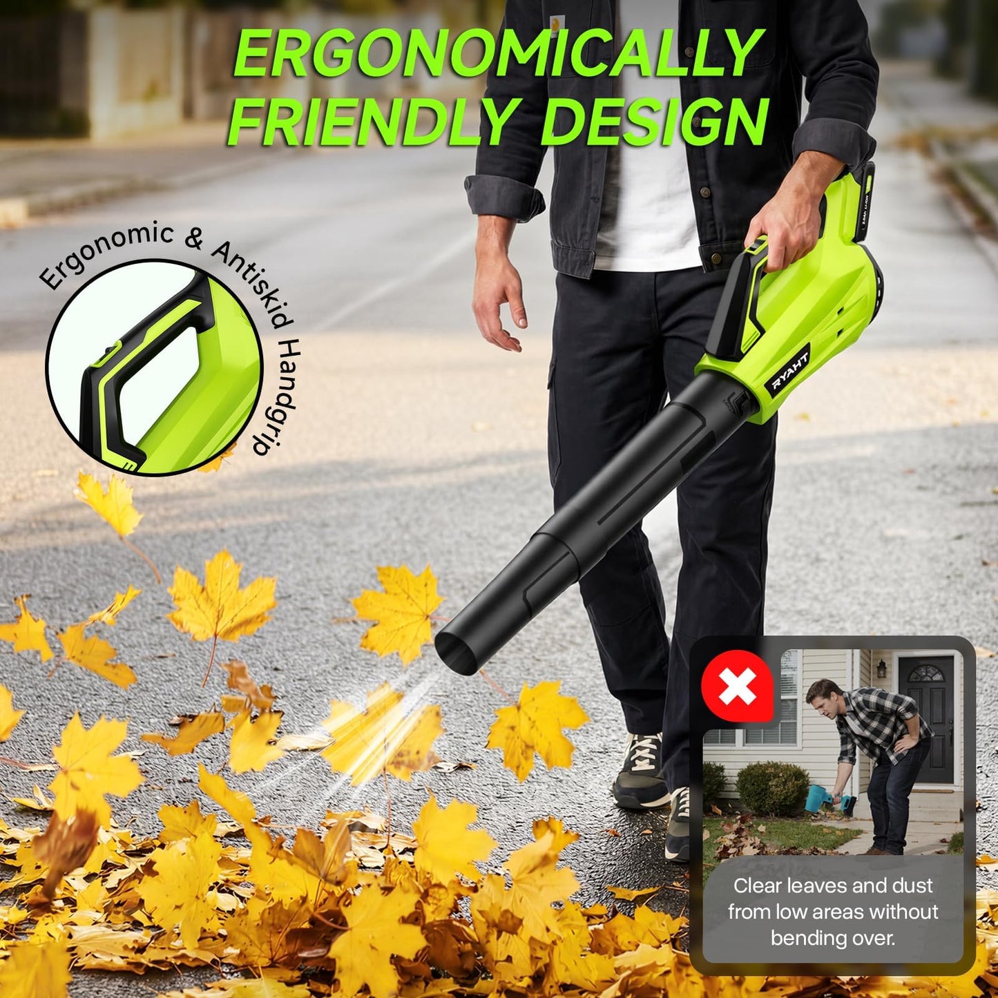 Leaf Blower Cordless, Leaf Blower with Battery and Charger - 2 Speed Modes, 2 Batteries, 20V Powerful Lightweight Electric Blowers for Blowing Leaves, Lawn Care, Patio Cleaning and Dust, Green