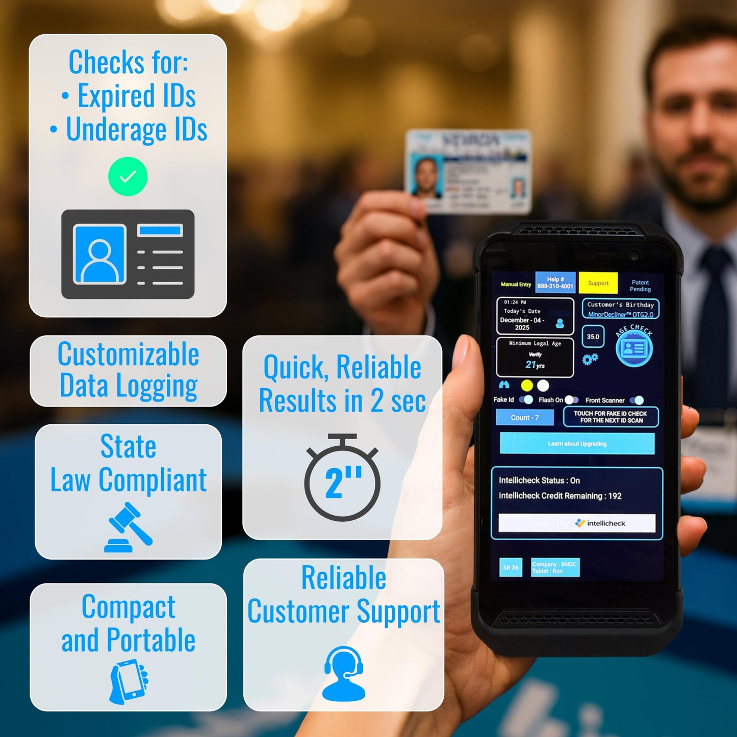 Portable ID & Passport Scanner for Bars, Clubs & Retail | Verifies Age & Expired IDs | Optional Fake ID Detection (Intellicheck) | Works in All 50 States | 2026 Model