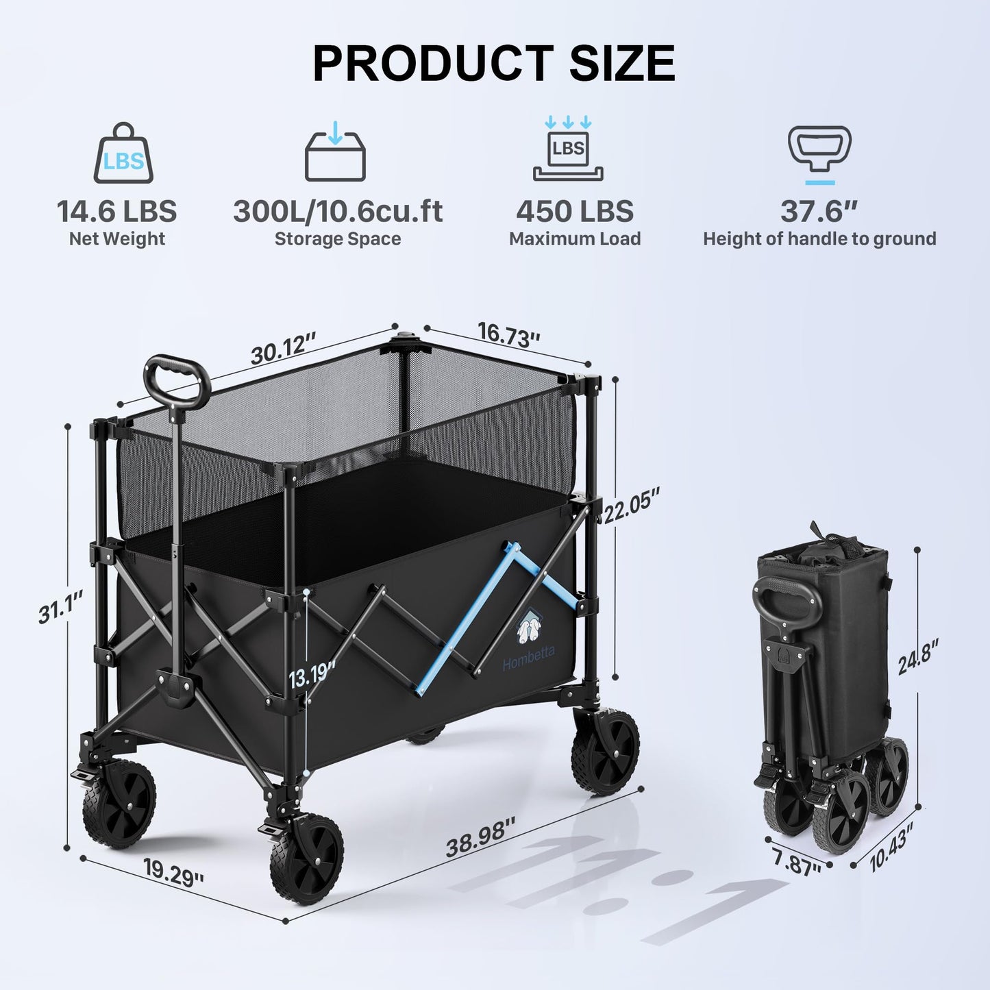 HOMBETTA 39" Collapsible Wagon Cart, 450 lbs Heavy Duty Folding Wagon with Brakes, Adjustable 150L-300L Utility Wagon with All-Terrain Wheels for Camping, Garden, Beach and Shopping
