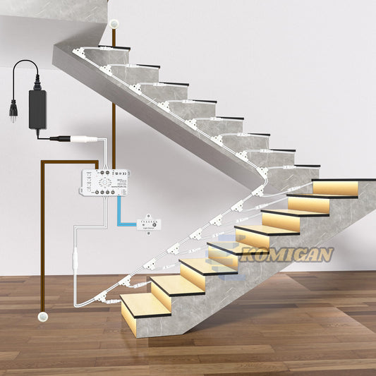 RWOFNIA Motion Sensor with Daylight Sensor Sync Light Up Type LED Stair Lighting Kit SSL-0516, Suilt for 20-40inches Wide Indoor Staircase (Warm White 3000K, 12 Stairs)