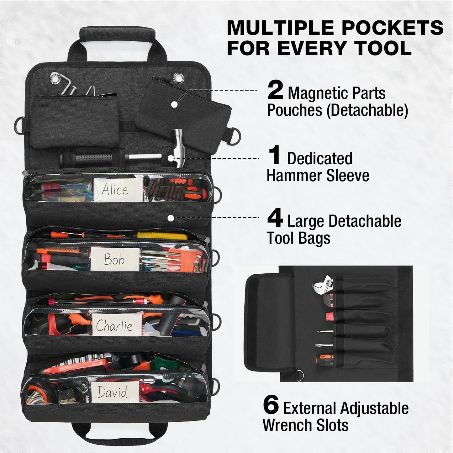 HISEA Roll Up Tool Bag, Heavy Duty Tool Storage Large-Capacity, 27"*14" Portable Tools Organizer with Utility Detachable Pouches, Water-Resistant Tool Roll Bag for Mechanic, Electrician, Gifts