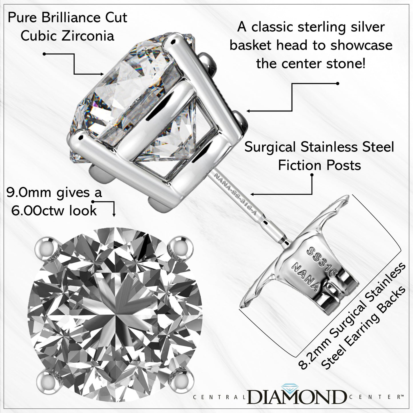 Central Diamond Center Round Simulated Diamond Stud Earrings Hypoallergenic Metal & Sterling Silver CZ - 9.00mm (6.00cttw) Rose