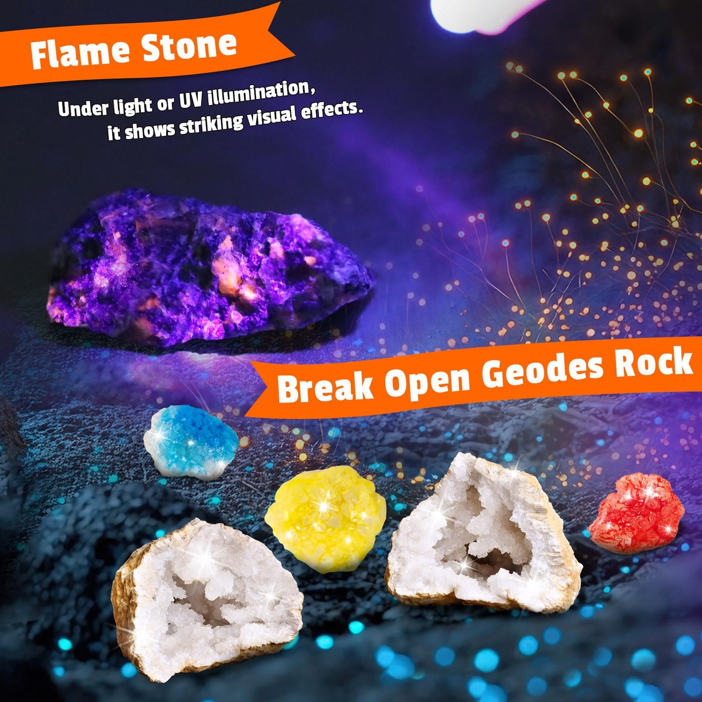 UNGLINGA Gemstones Excavate Gem Rock Dig Kit for Kids Boys Girls Birthday Gifts Ideal - 15 Different Real Gem Stones & Fossils Excavation Set with Dig Tools, Educational Geology Science S.T.E.M Toys