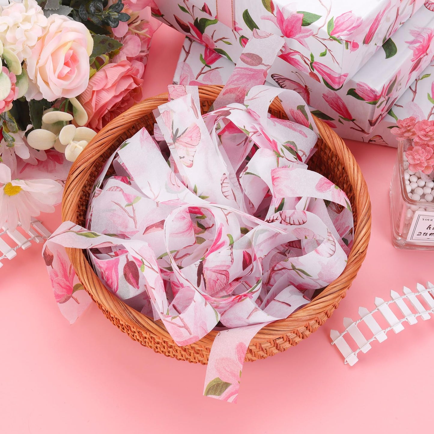 100 Sheets Watercolor Magnolia Butterfly Tissue Paper, 20 x 14in Magnolia Blossom Printed Art Craft Tissue Paper for Mother's Day Wedding Birthday Bridal Shower Party Supplies