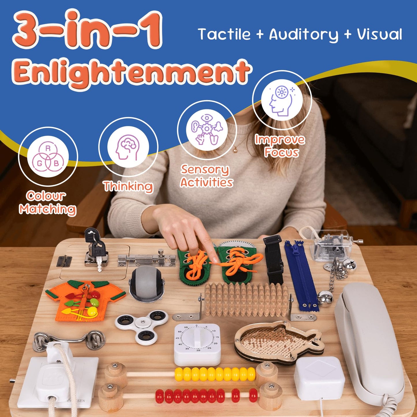 DigNew 20 Inch Large Montessori Busy Board, 18 in 1 Sensory Fidget Board with Stand, Premium Wooden Tactile Board, Busy Board for Travel Office Desk Decor & Gift