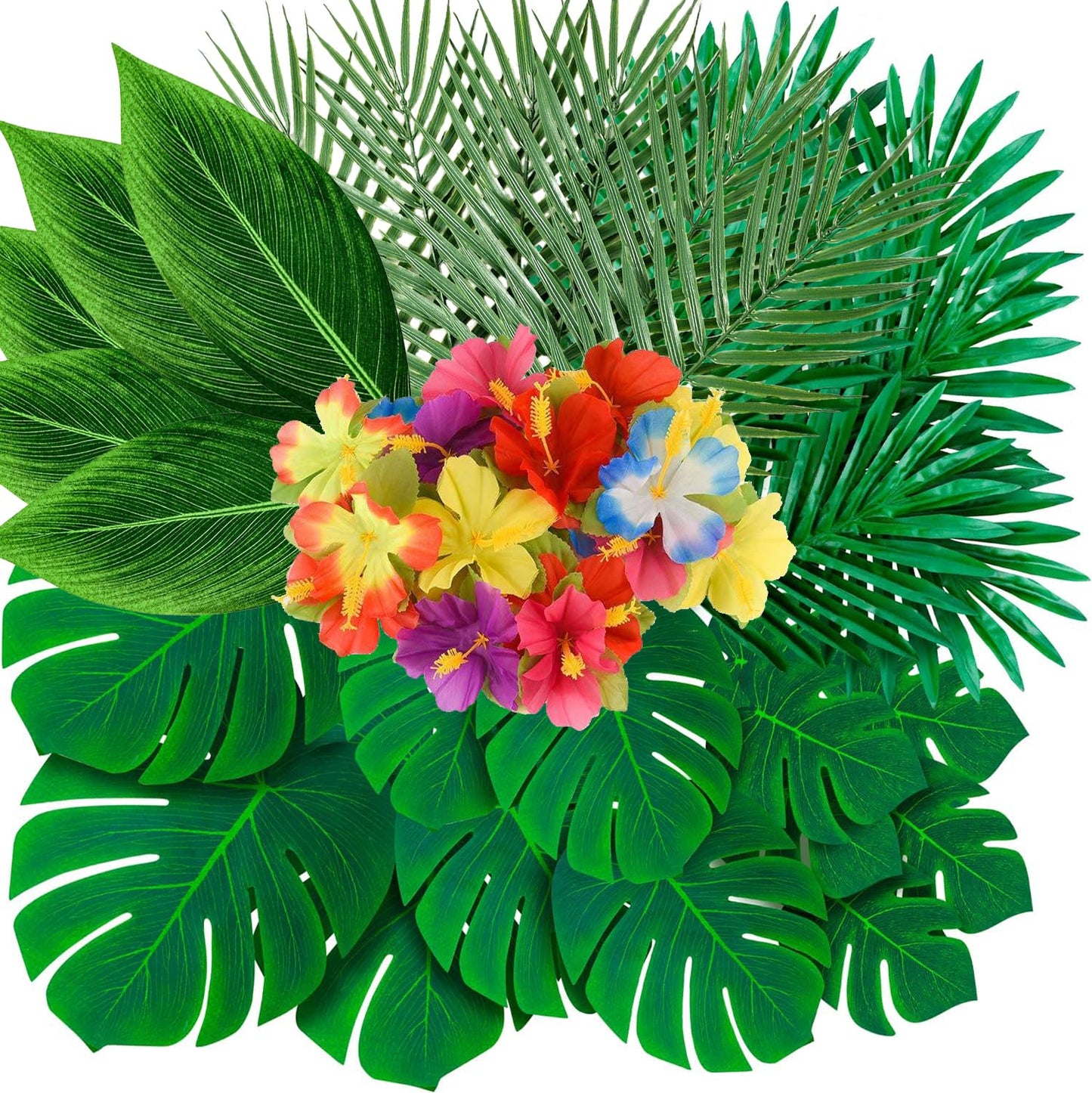 WEISPARK 105Pack Artificial Palm Leaves Hibiscus Flowers Tropical Party Decorations Supplies - 7 Kinds Fake Monstera Leaf for Safari Jungle Hawaiian Birthday Luau Party Theme Table Decor