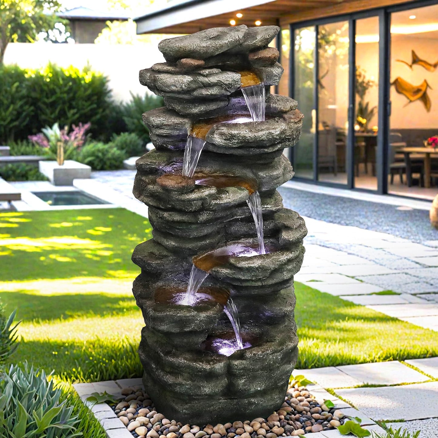 chillscreamni 6-Tier Rockery Outdoor Fountain - 40” H Outdoor Waterfall Fountain with LED Lights for Home&Office Decor, Stacked Rock Cascading Relaxation Garden Fountains Outdoor for Patio, Yard, Deck