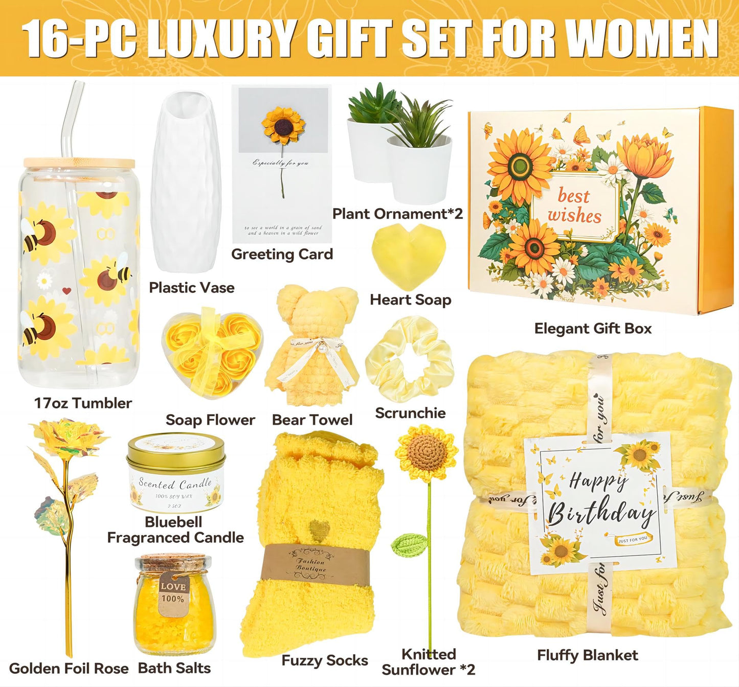 Mother's Day Gifts for Mom, 17pcs Relaxing Spa Gifts Set for Girls, Sisters, Mom, Sunflower Self-Care Package, Sending Sunshine Get Well Gifts for Women, Perfect Basket for Birthday & Mother's Day