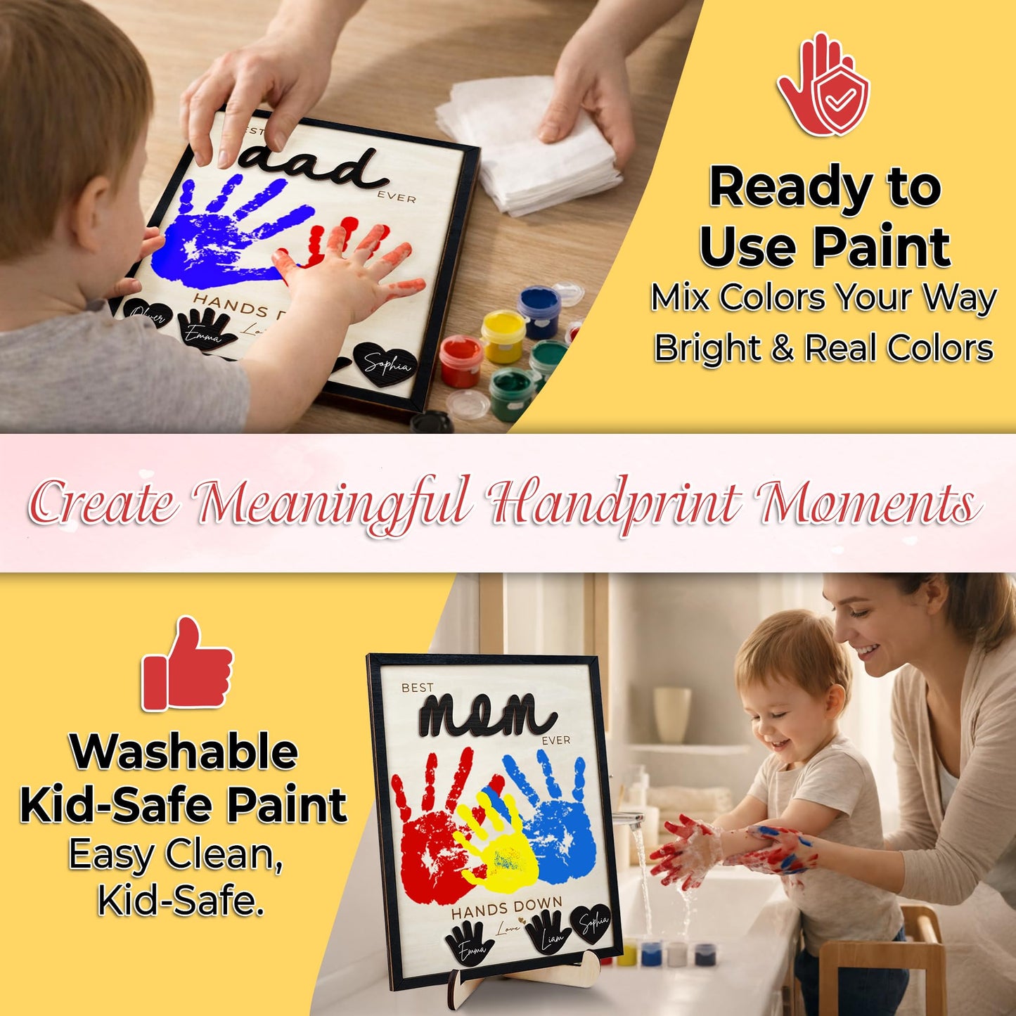 10" Best Dad Ever Hands Down Sign DIY Dad Gifts from Kids Handprint Kit with Acrylic Paint, Toddler Craft Birthday Gift Father's Day for Daddy, Papa Family Plaque with Daughter, Son Names HF90-D