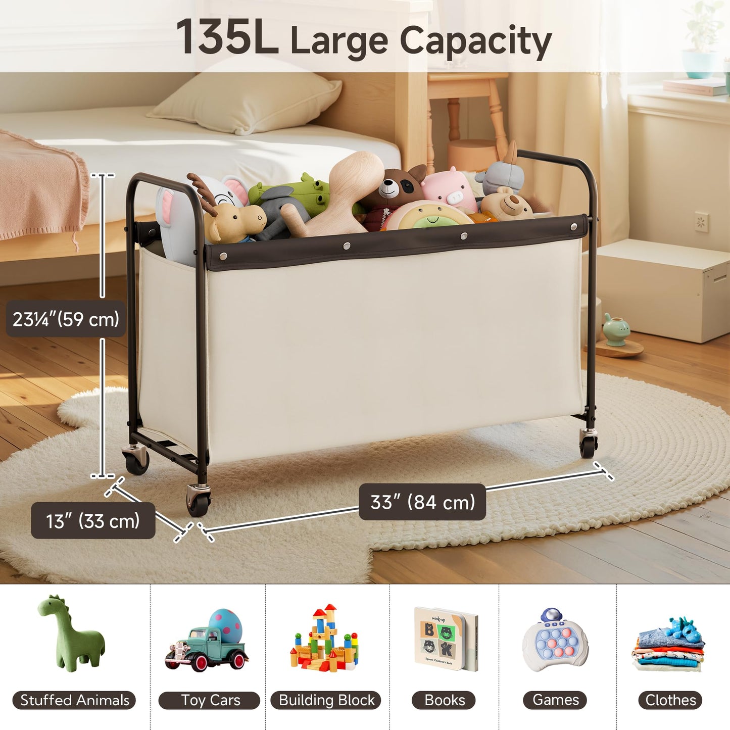 StorageWorks Toy Box with Wheels for Kids, 135L Large Toy Storage Chest and Organizer, 23" Metal Toybox with 360° Swivel Wheels for Bedroom, Kids Room, Stuffed Animal Storage, Beige