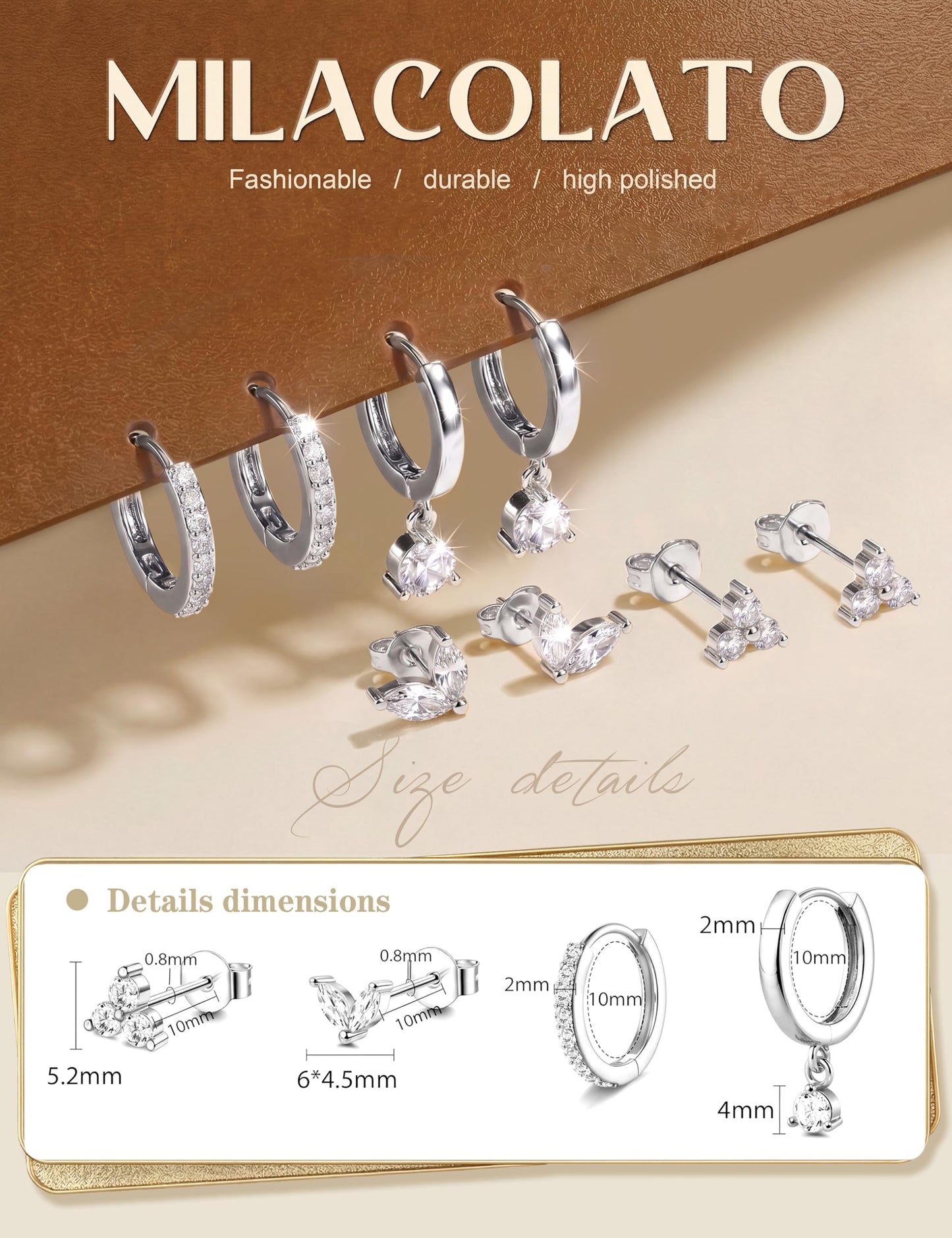 MILACOLATO 4 Pairs Silver Earrings for Women, Hypoallergenic Sterling Silver Filled Small Stud Hoop Earrings Set for Multiple Piercing, Dainty Lightweight Cartilage Huggie Earrings Stacks Trendy Jewelry Gifts, A