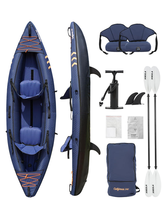 Inflatable Kayak 2 Person, Tandem Kayak, Foldable Kayaks for Adults, with Kayak Fin, 2 Aluminum Paddles, 2 Padded Seats, Hand Pump and Travel Backpack