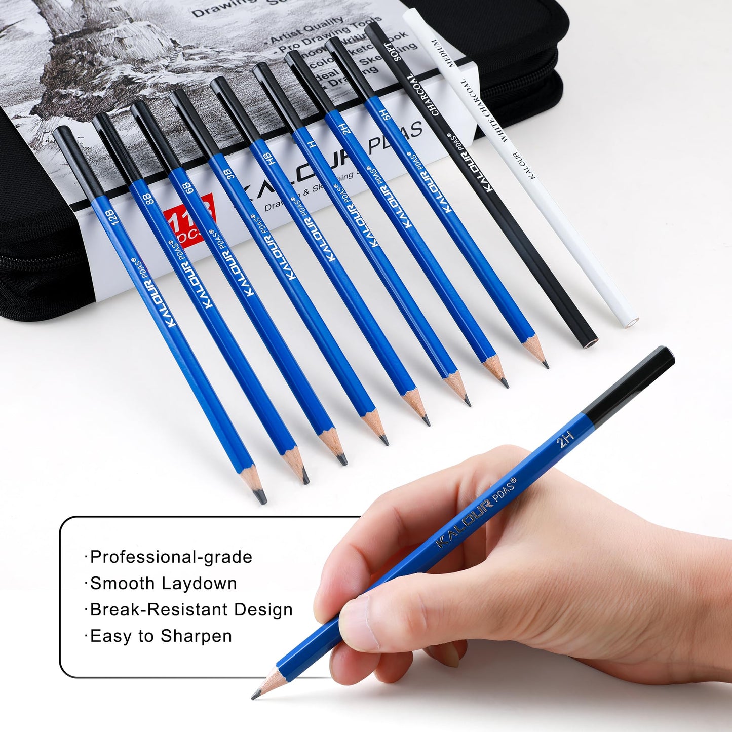KALOUR 113PCS Drawing Set, Professional Sketching Kit with 3-Color Sketchbook,Graphite & Charcoal Pencils, Wooden Mannequin, Art Tools in Zipper Case, Art Supplies for Beginners & Artists Gift