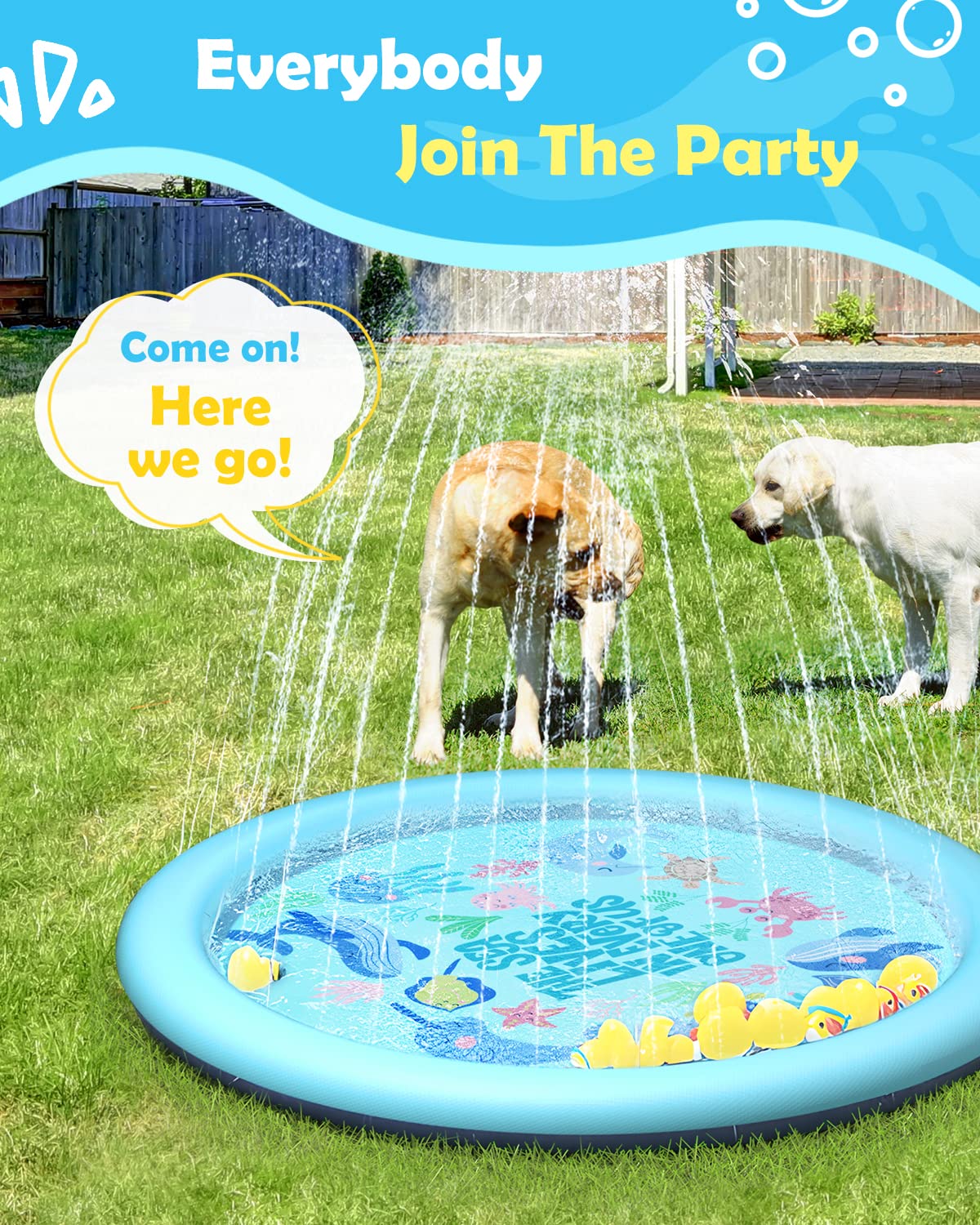 Peteast Anti-Slip Ocean-Themed Splash Pad for Kids and Dogs - 67in 0.58 mm Thicken Sprinkler Dog Pool for Summer Outdoor Water Toys - Fun Backyard Play Mat for Children and Pets